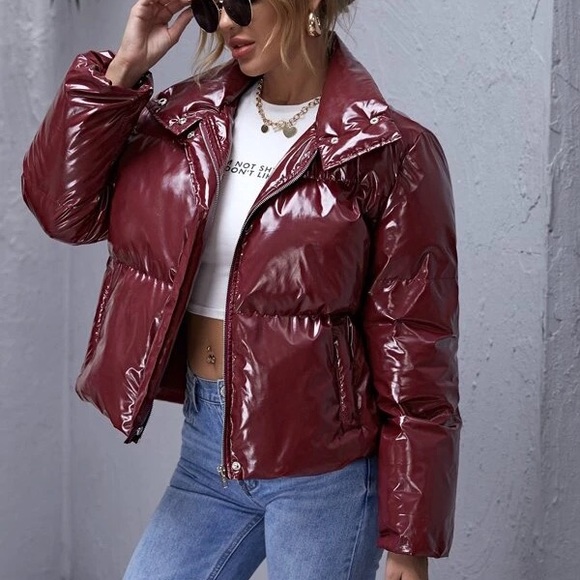 Shein Pocket Front Pu Leather Puffer 